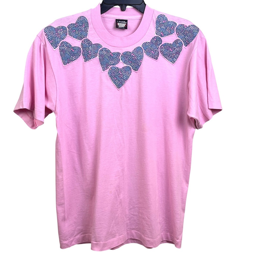 VTG Screen Stars Best Single‎ Stitch Puff Paint Blue Hearts Short Sleeve Large